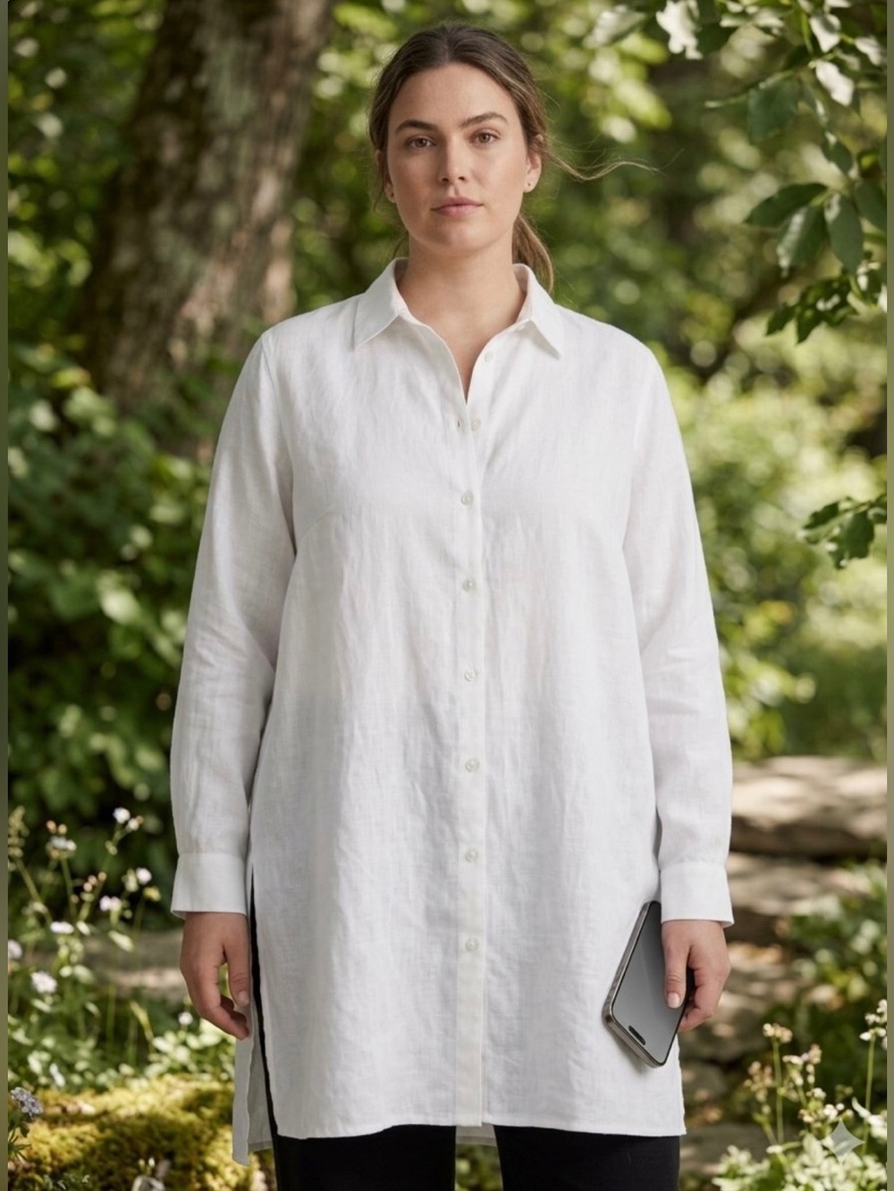 J Jill Love Linen Women Sz XL 100% Linen Tunic Shirt Lagenlook Button Up White